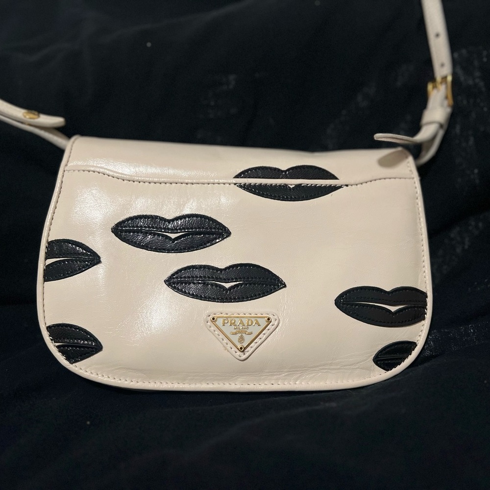 Prada Black and Cream Lips Madras Crossbody Bag - Picture 9 of 9